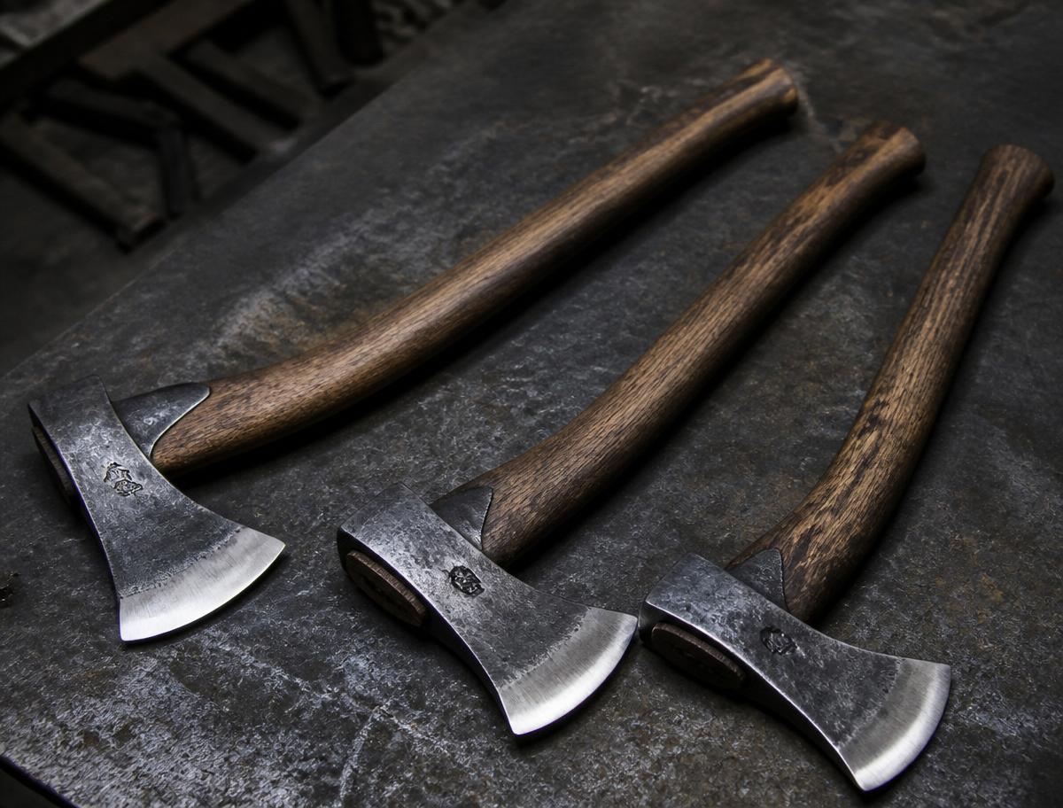 Forged axe head glowing on anvil